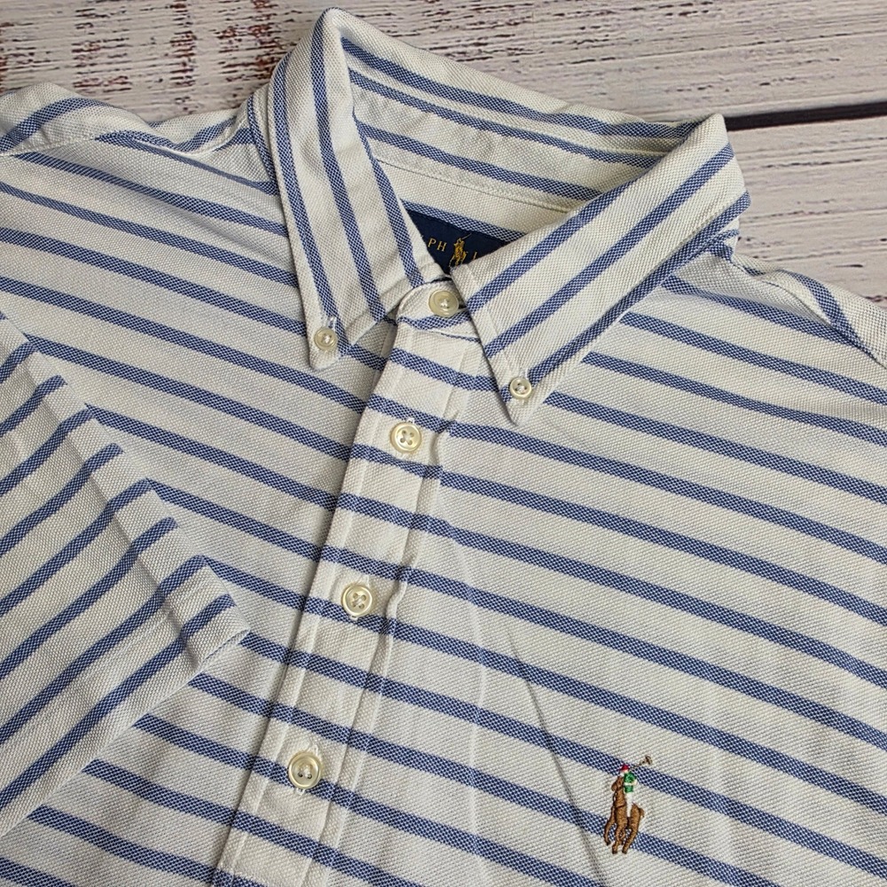 Polo Ralph Lauren Mens XL Knit Oxford Shirt Blue White Striped Short Sleeve Polo
